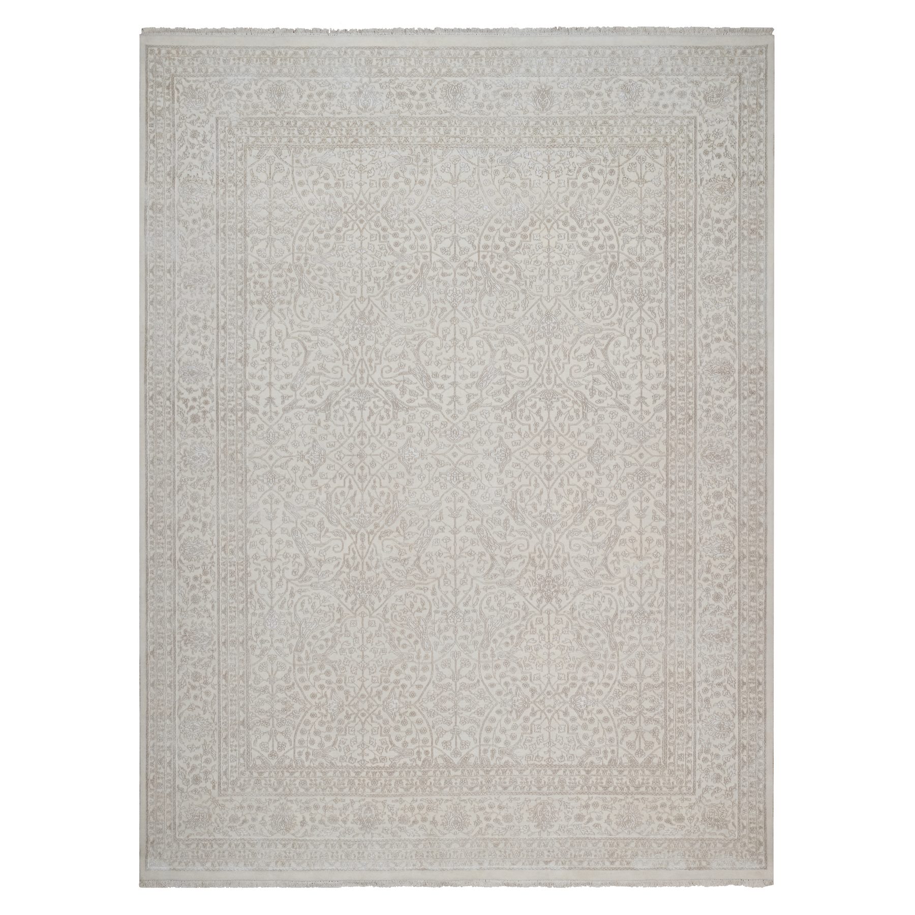 Alabaster White, Wool and Plant Based Silk, Light Tone on Tone with Persian Design, Thick and Plush, 200 KPSI, Hand Knotted, Oriental Rug